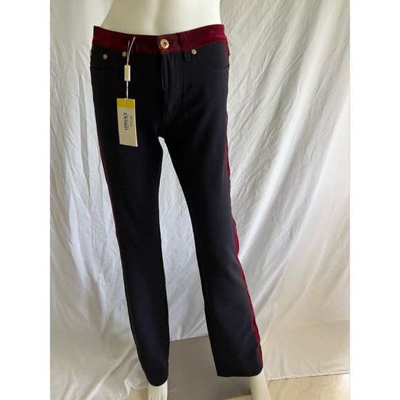 $507 NWT Versace Jeans Couture Navy Pants Burgundy Velvet Trim Dress Military 28